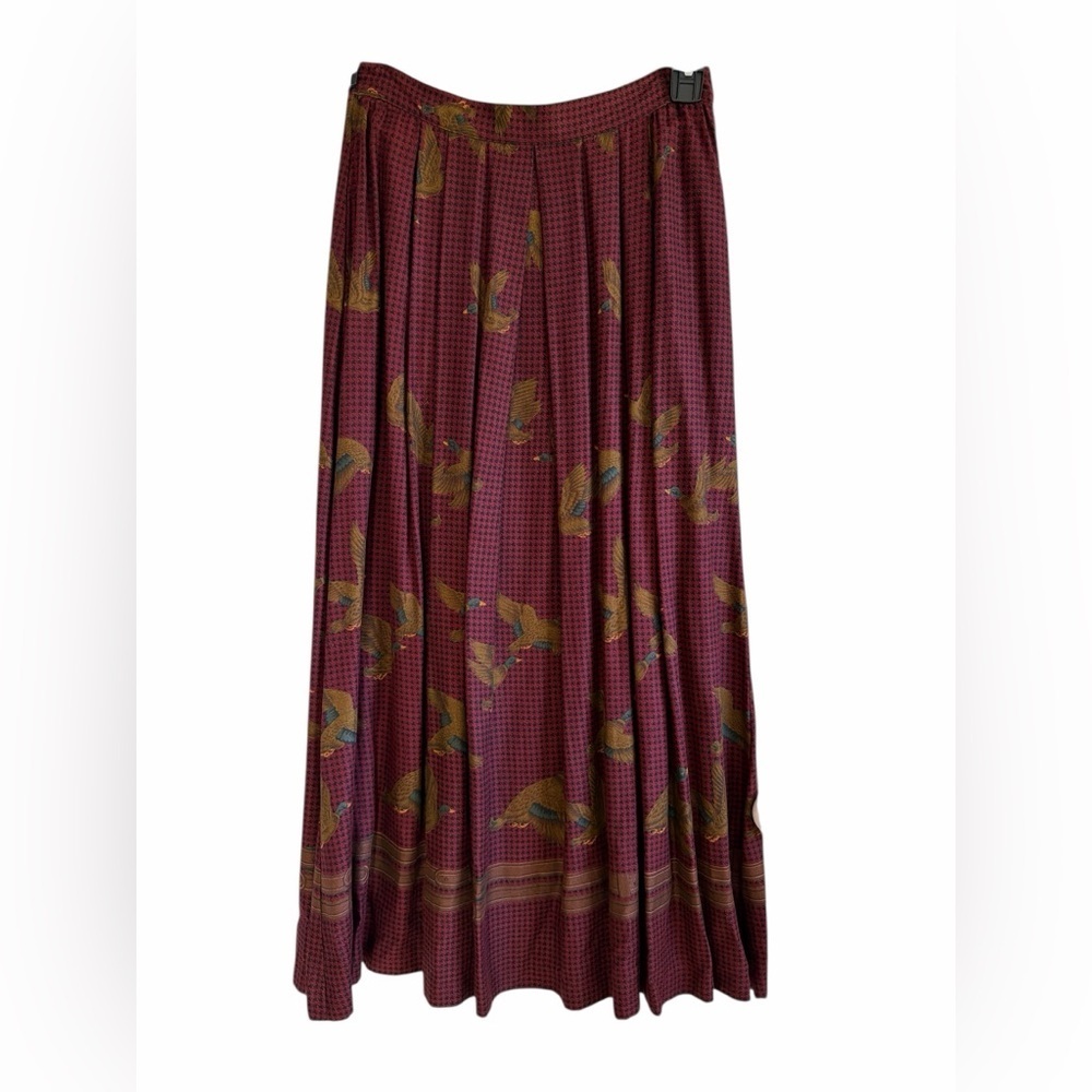 Vintage Gregor Burgandy & Black Houndstooth Maxi Skirt Mallard Ducks, Size Small